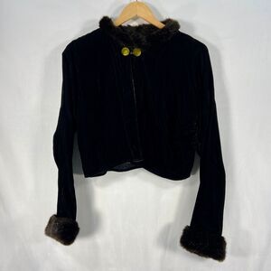 VTG Toots Pierre By MB Snow‎ Black Velvet Cropped Jacket Faux Fur Collar Cuffs M